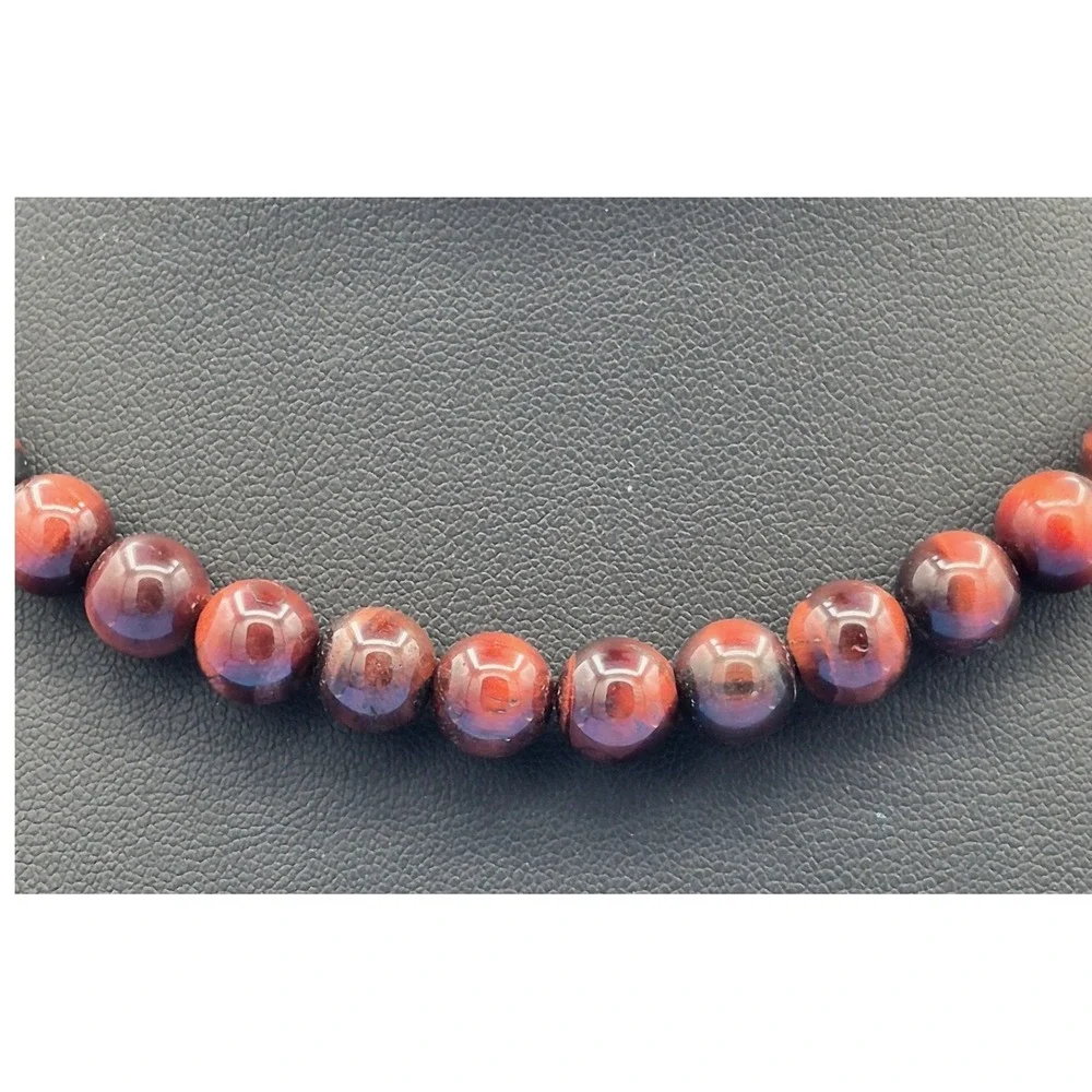 Vintage Red Tiger Eye Bead Necklace Red Natural Stone Strand Lobster Clasp